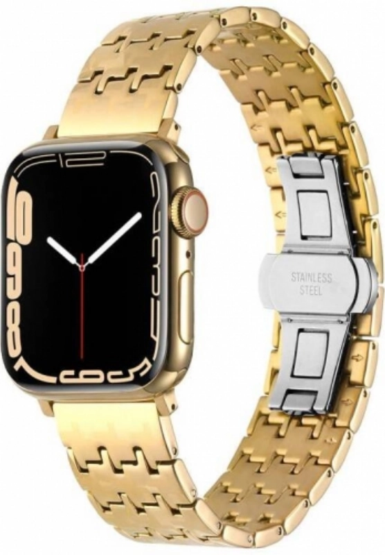 Apple Watch 42mm Kordon Zigzag Tasarımlı Düğme Klipsli Çelik KRD-86 - Gold