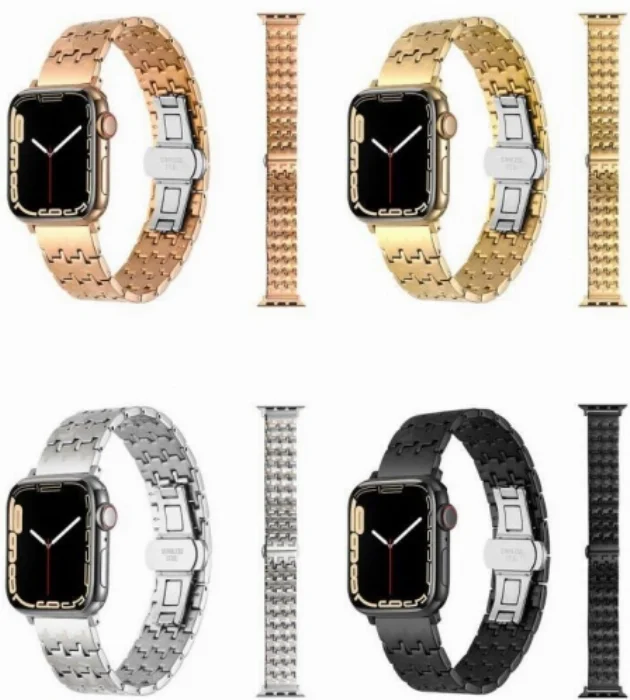 Apple Watch 42mm Kordon Zigzag Tasarımlı Düğme Klipsli Çelik KRD-86 - Gümüş