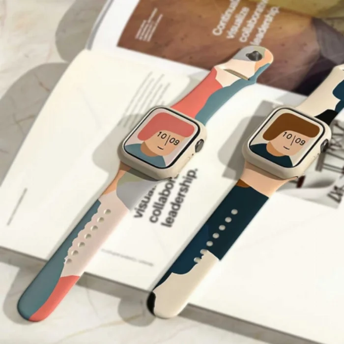 Apple Watch 42mm Silikon Kordon Renkli Desenli Esnek KRD-62 - Blue İnk