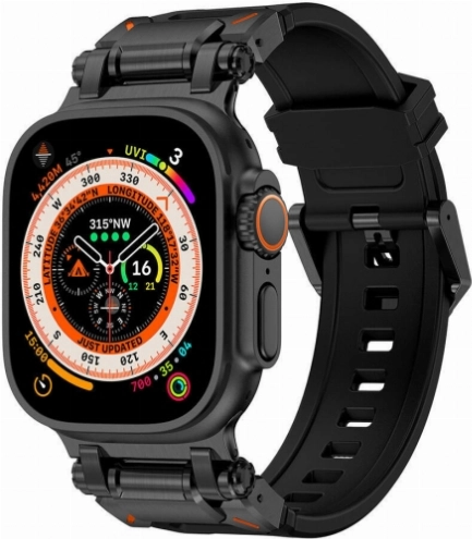 Apple Watch 42mm Silikon Kordon Titanyum Metal Başlıklı KRD-101  - Siyah