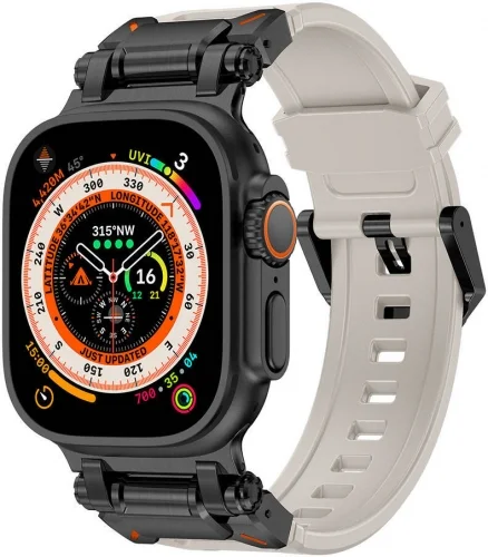 Apple Watch 42mm Silikon Kordon Titanyum Metal Başlıklı KRD-101  - Siyah-Starlight