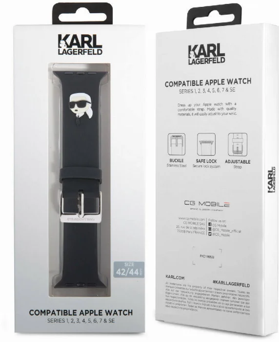Apple Watch 44mm Karl Lagerfeld Orjinal Lisanslı İkonik Karl Head Logolu Silikon Kordon - Siyah