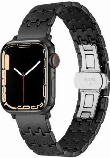 Apple Watch 44mm Kordon Zigzag Tasarımlı Düğme Klipsli Çelik KRD-86 - Siyah