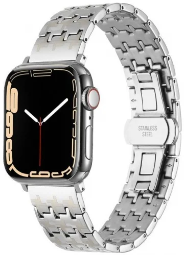 Apple Watch 7 41mm Kordon Zigzag Tasarımlı Düğme Klipsli Çelik KRD-86 - Gümüş