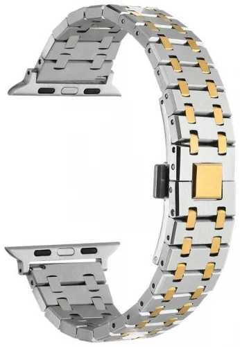 Apple Watch 7 45mm Kordon Şerit Tasarımlı Otomatik Klipsli Çelik KRD-83 - Gümüş - Gold