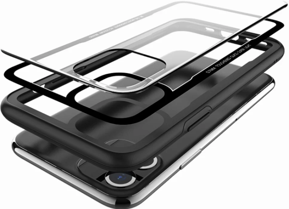 Benks Apple iPhone 11 Kılıf Arkası Camlı Kenarları Silikon Magic Shiny Glass  - Kırmızı Siyah