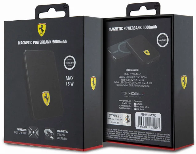 Ferrari Led Işıklı Göstergeli Magsafe Magnetik Orjinal Lisanslı Powerbank 5000 Mah - Siyah