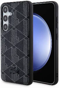 Samsung Galaxy S24 Kılıf Lacoste Orjinal Lisanslı Magsafe Şarj Özellikli PU Deri Görünümlü Karışık Monogram Desenli Kapak - Siyah