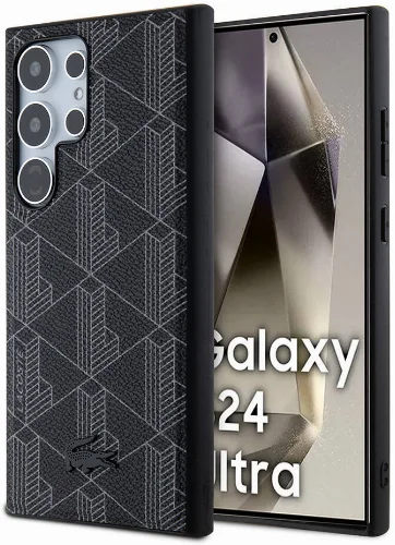 Samsung Galaxy S24 Ultra Kılıf Lacoste Orjinal Lisanslı Magsafe Şarj Özellikli PU Deri Görünümlü Karışık Monogram Desenli Kapak - Siyah