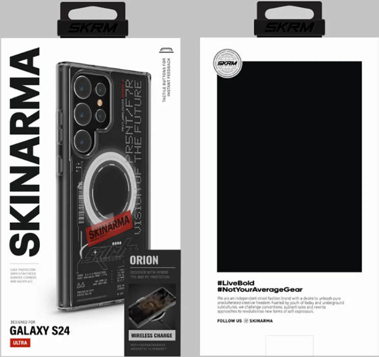 Samsung Galaxy S24 Ultra Kılıf SkinArma Magsafe Şarj Özellikli Yazı Desenli Airbag Tasarımlı Orion Kapak - Şeffaf