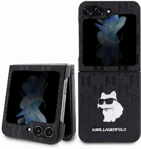 Samsung Galaxy Z Flip 5 Kılıf Karl Lagerfeld Orjinal Lisanslı KL Desenli Choupette İkonik Saffiano Kapak - Siyah