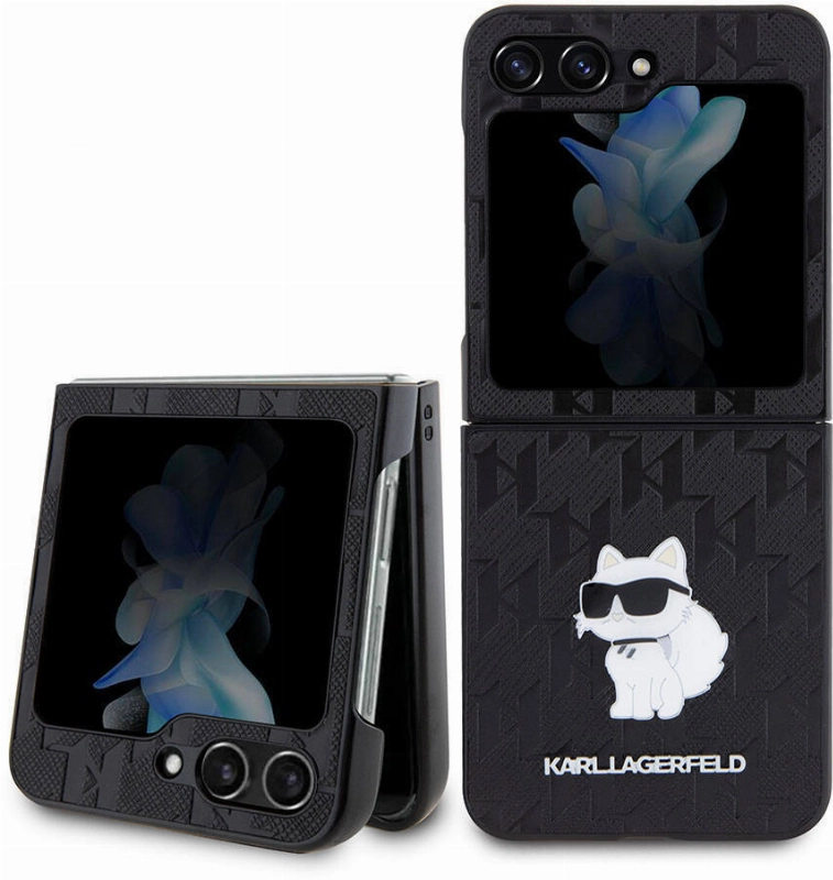 Samsung Galaxy Z Flip 5 Kılıf Karl Lagerfeld Orjinal Lisanslı KL Desenli Choupette İkonik Saffiano Kapak - Siyah