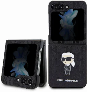 Samsung Galaxy Z Flip 5 Kılıf Karl Lagerfeld Orjinal Lisanslı KL Desenli Karl İkonik Saffiano Kapak - Siyah