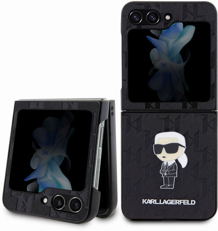 Samsung Galaxy Z Flip 5 Kılıf Karl Lagerfeld Orjinal Lisanslı KL Desenli Karl İkonik Saffiano Kapak - Siyah