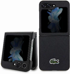 Galaxy Z Flip 5 Kılıf Lacoste Orjinal Lisanslı PU Pike Desenli Arka Yüzey İkonik Timsah Dokuma Logolu Kapak - Siyah