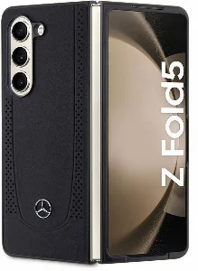 Samsung Galaxy Z Fold 5 Kılıf Mercedes Benz Orjinal Lisanslı Metal Yıldız Logolu Urban Deri Kapak - Siyah