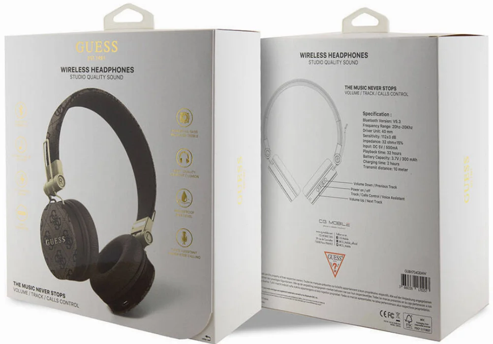 Guess Orjinal Lisanslı 4G Metal Logo PU Deri Ayarlanabilir Kulak Üstü Bluetooth Kulaklık - Siyah