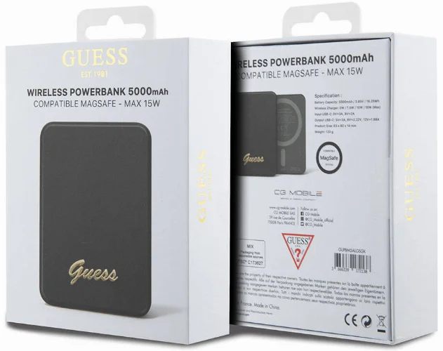 Guess Orjinal Lisanslı Magsafe Şarj Özellikli Metal Yazı Logolu Powerbank 5000mAh 15W - Siyah