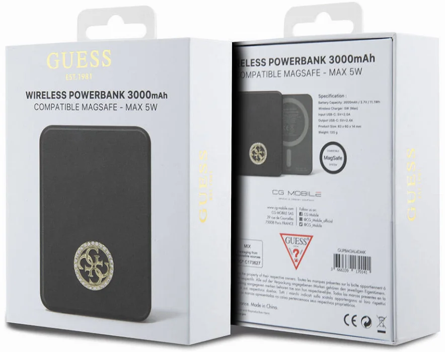 Guess Orjinal Lisanslı Magsafe Şarj Özellikli Taşlı 4G Logolu Powerbank 3000mAh 5W - Siyah