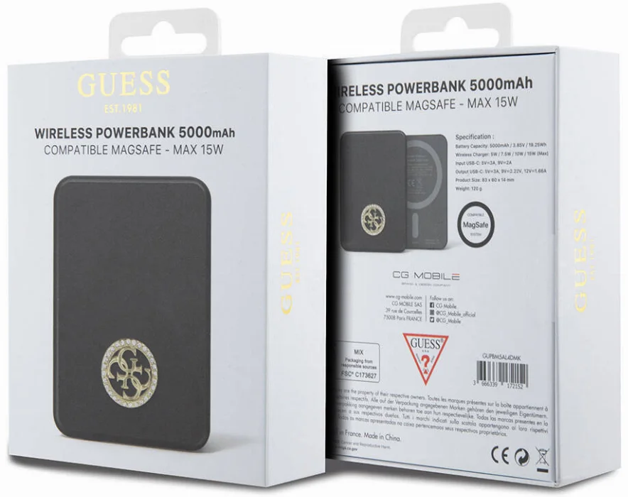 Guess Orjinal Lisanslı Magsafe Şarj Özellikli Taşlı 4G Logolu Powerbank 5000mAh 15W - Siyah