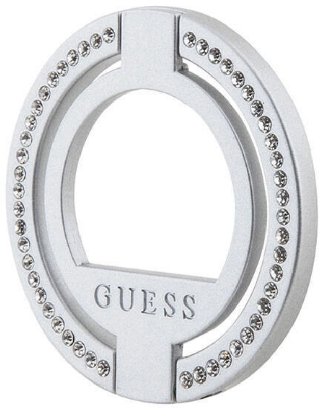 Guess Orjinal Lisanslı Magsafe Şarj Özellikli Yazı Logolu Taşlı Yüzüklü Magnetik Stand - Gümüş