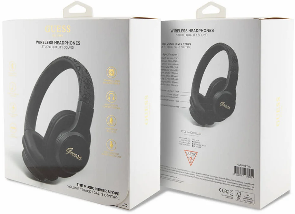 Guess Orjinal Lisanslı PU 4G Desenli Metal Yazı Logolu Tone On Tone Kulak Üstü Bluetooth Kulaklık - Siyah