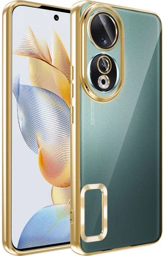 Honor 90 Kılıf Kamera Lens Korumalı Şeffaf Renkli Logo Gösteren Parlak Kapak - Gold