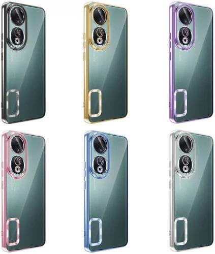 Honor 90 Kılıf Kamera Lens Korumalı Şeffaf Renkli Logo Gösteren Parlak Kapak - Gold