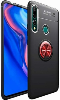 Honor 9x Kılıf Renkli Silikon Yüzüklü Standlı Auto Focus Ravel Kapak - Kırmızı - Siyah