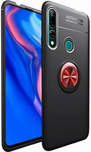 Honor 9x Kılıf Renkli Silikon Yüzüklü Standlı Auto Focus Ravel Kapak - Kırmızı - Siyah