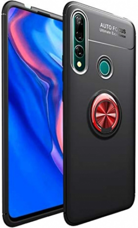 Honor 9x Kılıf Renkli Silikon Yüzüklü Standlı Auto Focus Ravel Kapak - Kırmızı - Siyah