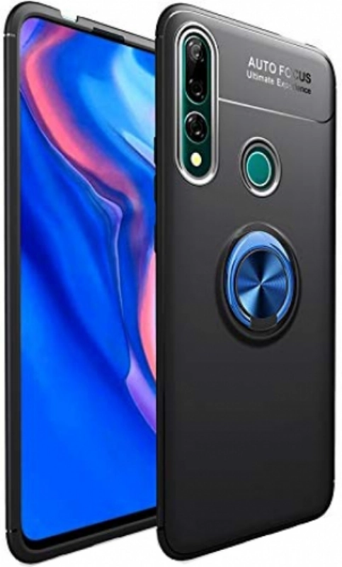 Honor 9x Kılıf Renkli Silikon Yüzüklü Standlı Auto Focus Ravel Kapak - Mavi - Siyah