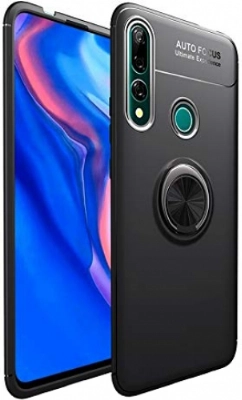 Honor 9x Kılıf Renkli Silikon Yüzüklü Standlı Auto Focus Ravel Kapak - Siyah