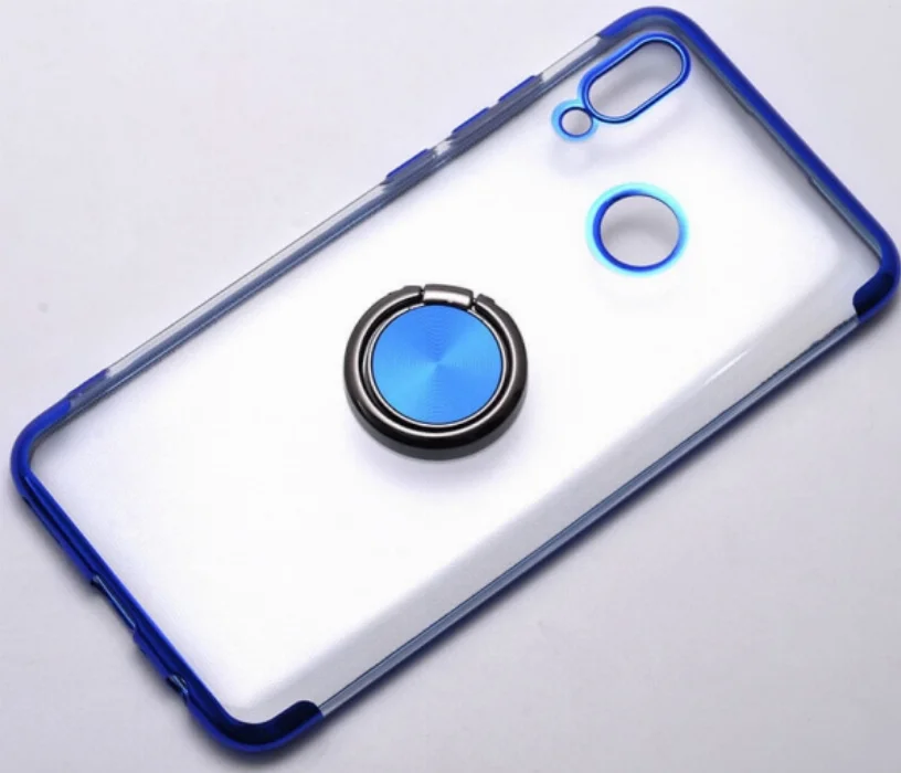 Huawei Honor 10 Lite Kılıf Renkli Köşeli Yüzüklü Standlı Lazer Şeffaf Esnek Silikon - Mavi