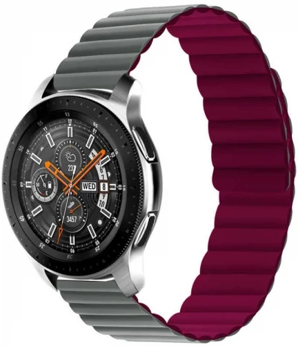 Huawei Honor Magic Watch 2 46mm Çift Renkli Çizgili Parça Desenli Akıllı Saat Kordon Mıknatıslı KRD-52  - Gri-Kırmızı