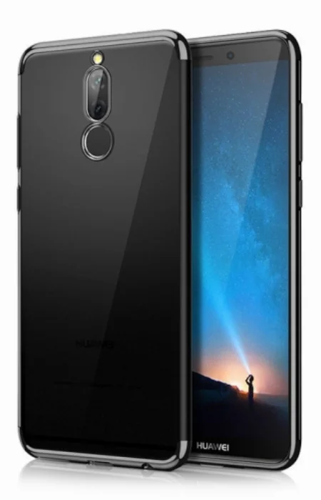 Huawei Mate 10 Lite Kılıf Renkli Köşeli Lazer Şeffaf Esnek Silikon - Siyah