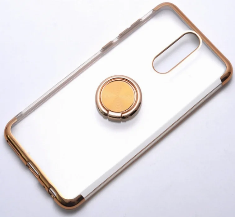 Huawei Mate 10 Lite Kılıf Renkli Köşeli Yüzüklü Standlı Lazer Şeffaf Esnek Silikon - Gold