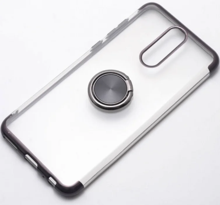 Huawei Mate 10 Lite Kılıf Renkli Köşeli Yüzüklü Standlı Lazer Şeffaf Esnek Silikon - Siyah