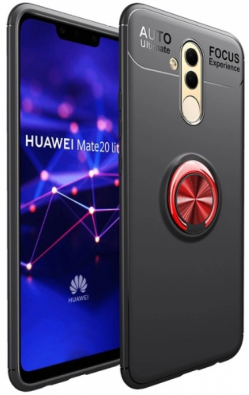 Huawei Mate 20 Lite Kılıf Renkli Silikon Yüzüklü Standlı Auto Focus Ravel Kapak - Kırmızı - Siyah