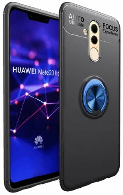 Huawei Mate 20 Lite Kılıf Renkli Silikon Yüzüklü Standlı Auto Focus Ravel Kapak - Mavi - Siyah