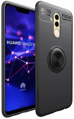 Huawei Mate 20 Lite Kılıf Renkli Silikon Yüzüklü Standlı Auto Focus Ravel Kapak - Siyah