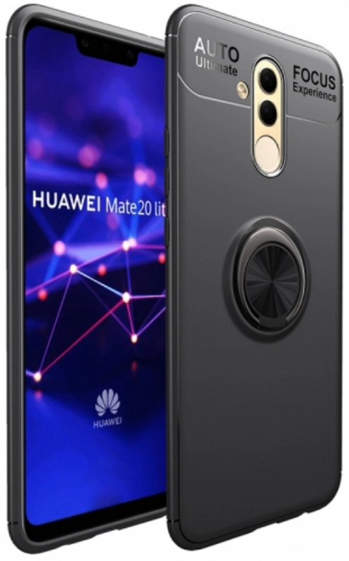 Huawei Mate 20 Lite Kılıf Renkli Silikon Yüzüklü Standlı Auto Focus Ravel Kapak - Siyah