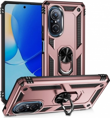 Huawei Nova 9 SE Kılıf Silikon Zırhlı Standlı Yüzüklü Mıknatıslı Tank Kapak - Rose Gold