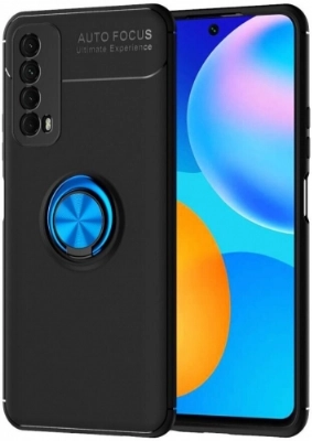 Huawei P Smart 2021 Kılıf Renkli Silikon Yüzüklü Standlı Auto Focus Ravel Kapak - Mavi - Siyah