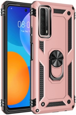 Huawei P Smart 2021 Kılıf Silikon Zırhlı Standlı Yüzüklü Mıknatıslı Tank Kapak - Rose Gold