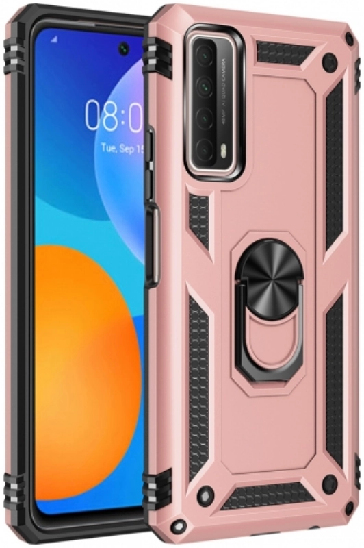 Huawei P Smart 2021 Kılıf Silikon Zırhlı Standlı Yüzüklü Mıknatıslı Tank Kapak - Rose Gold