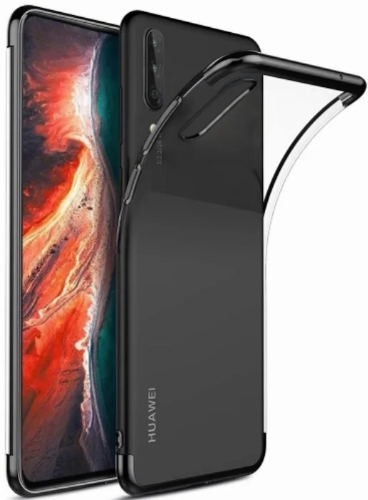 Huawei P Smart Pro 2019 Kılıf Renkli Köşeli Lazer Şeffaf Esnek Silikon - Siyah