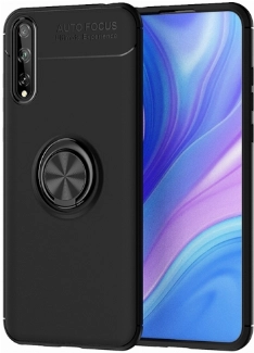 Huawei P Smart S Kılıf Renkli Silikon Yüzüklü Standlı Auto Focus Ravel Kapak - Siyah