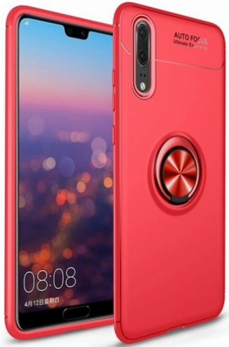 Huawei P20 Pro Kılıf Renkli Silikon Yüzüklü Standlı Auto Focus Ravel Kapak - Kırmızı