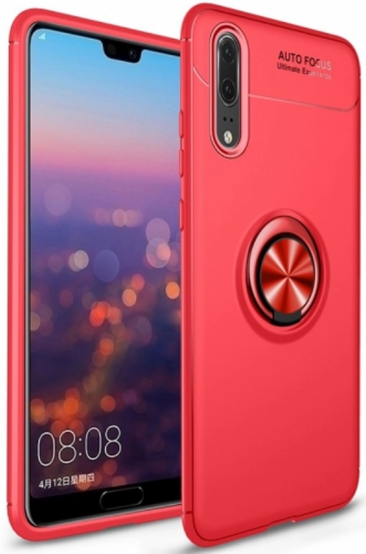 Huawei P20 Pro Kılıf Renkli Silikon Yüzüklü Standlı Auto Focus Ravel Kapak - Kırmızı